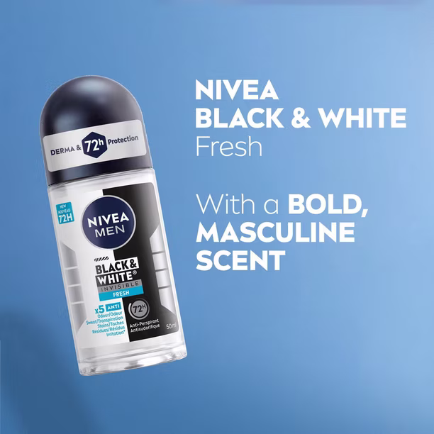 NIVEA MEN Black & White Invisible Roll-On 72-Hr Antiperspirant Deodorant (Fresh)- 50ML - Image 2