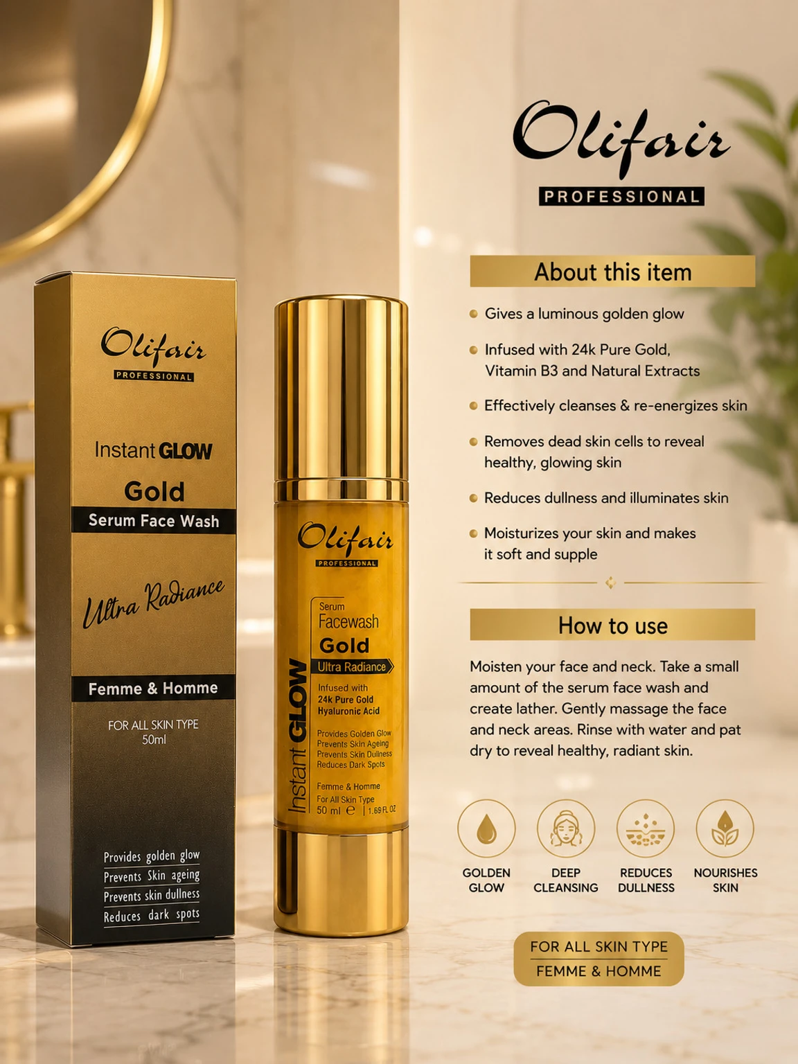 Olifair instant glow gold serum face wash Face Wash (50 ml) - Image 2